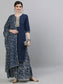 Ishin Women's Rayon Navy Blue Embellished Straight Kurta Sharara Dupatta Set