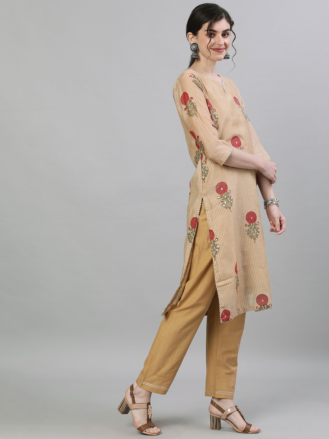 Ishin Women's Chanderi Silk Beige Embellished Straight Kurta Trouser Dupatta Set