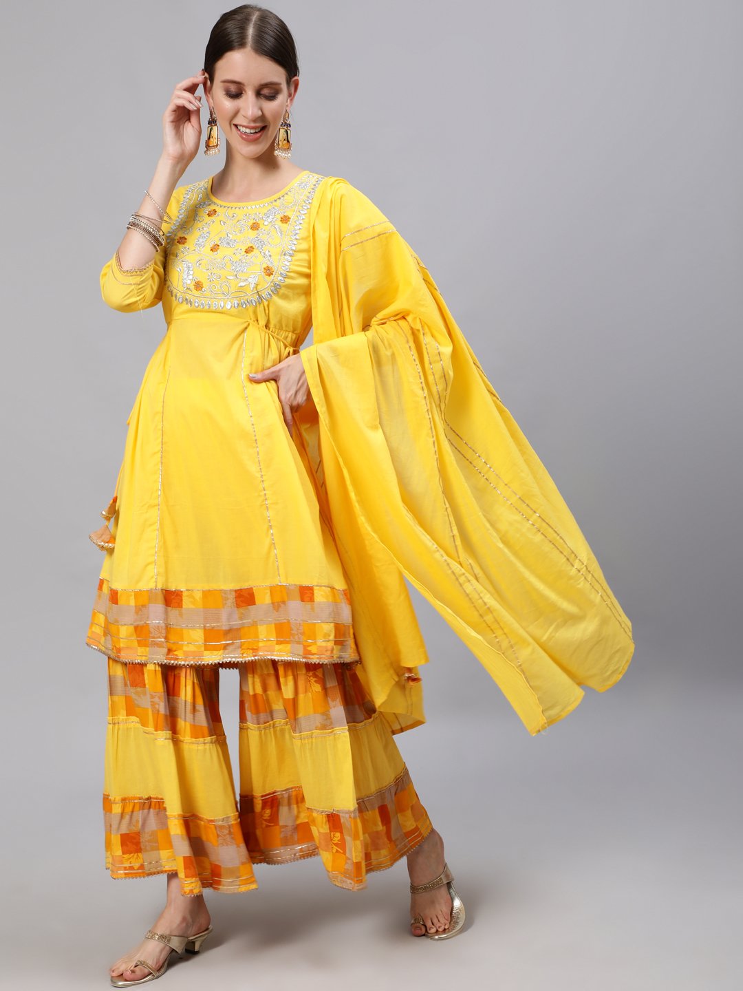 Ishin Women's Yellow Yoke Embroidered Kurta With Sharara & Dupatta