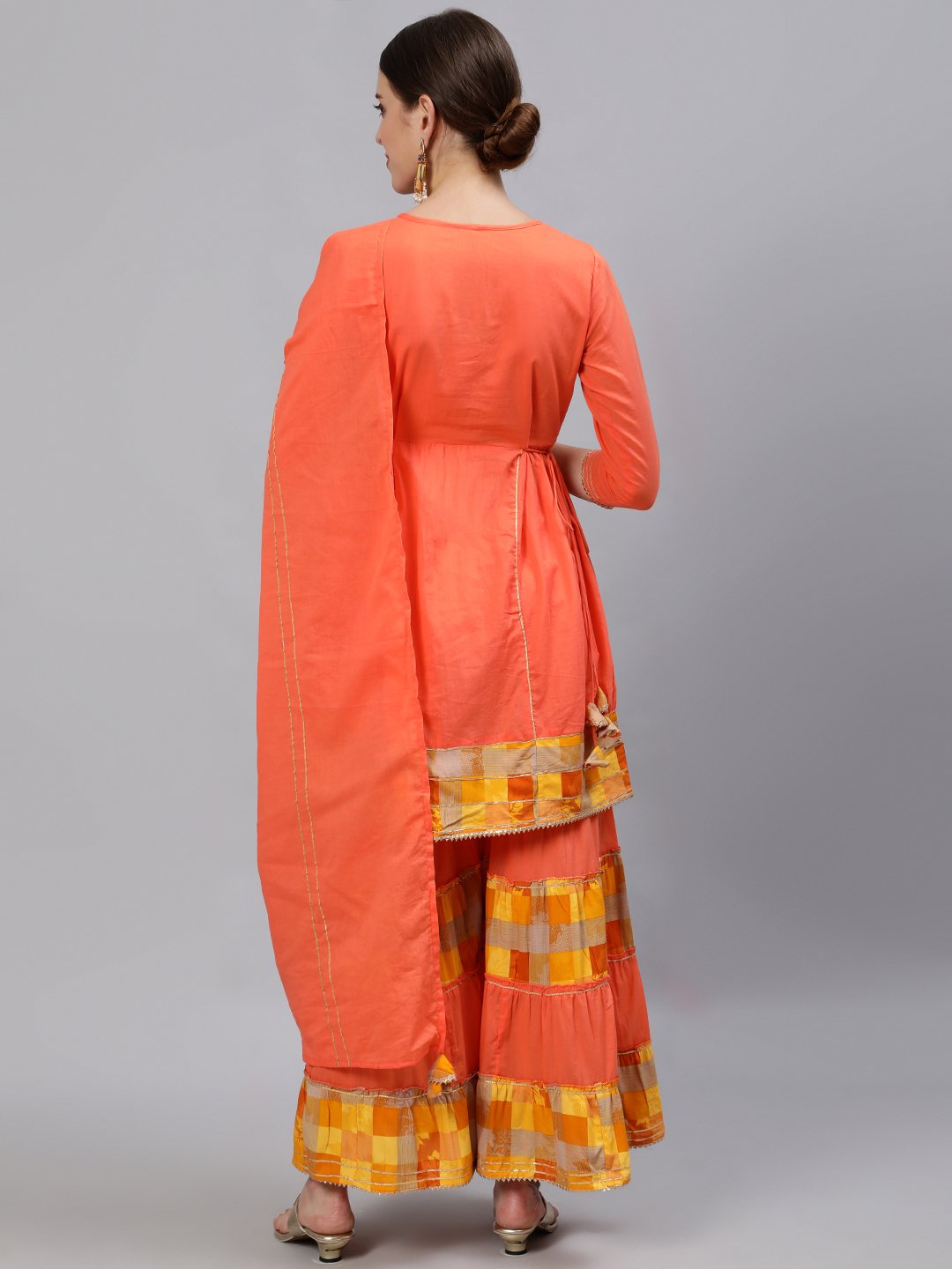 Ishin Women's Orange Embroidered Kurta Set With Sharara & Dupatta – Yoke Zari & Gota Patti Work, Ethnic Party Wear, Size M