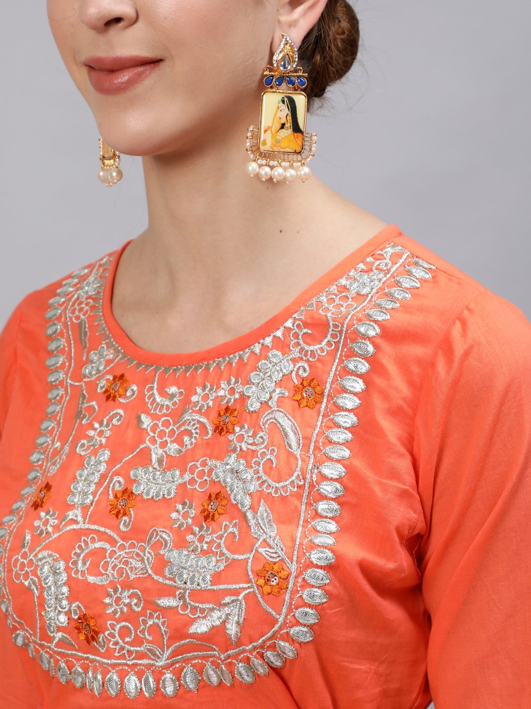 Ishin Women's Orange Yoke Embroidered Kurta With Sharara & Dupatta