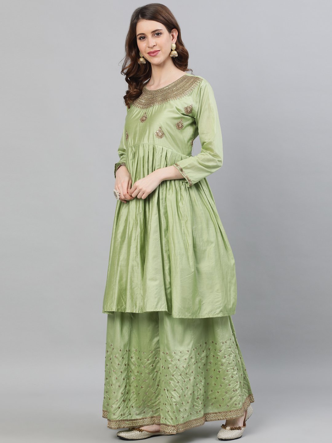 Ishin Women's Rayon Green Embroidered Anarkali Short Kurta Skirt Dupatta Set