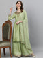 Ishin Women's Rayon Green Embroidered Anarkali Short Kurta Skirt Dupatta Set
