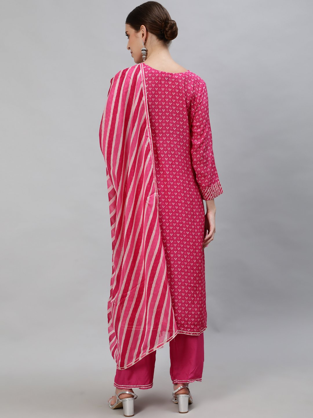 Ishin Women's Pink Zari Embroidered A-Line Kurta Palazzo Dupatta Set