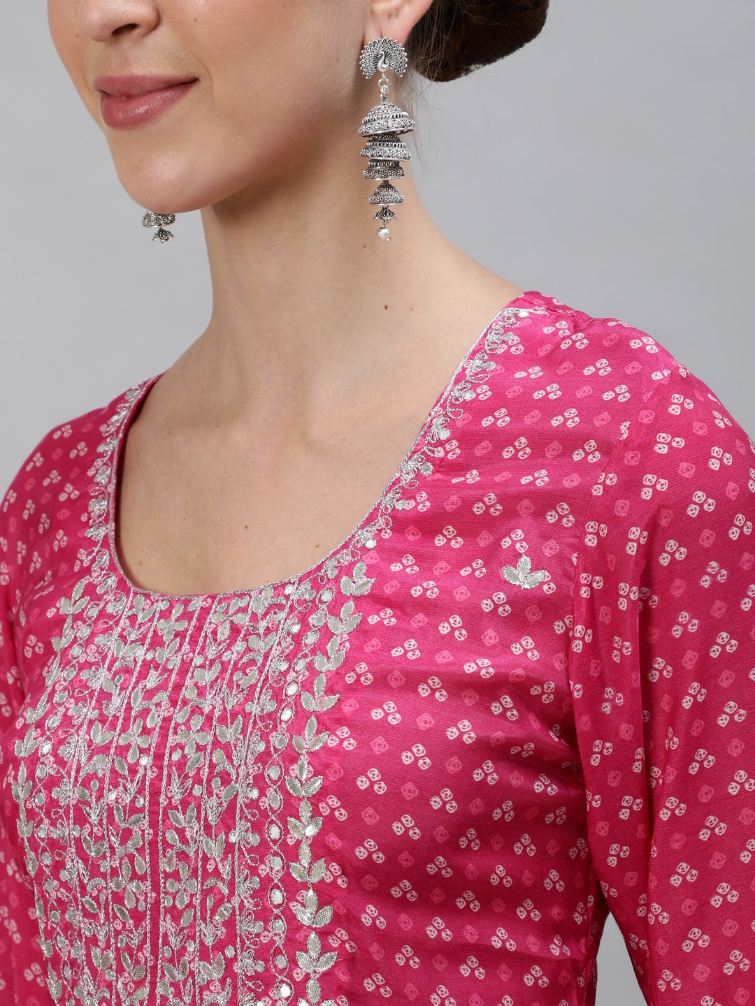 Ishin Women's Pink Zari Embroidered A-Line Kurta Palazzo Dupatta Set