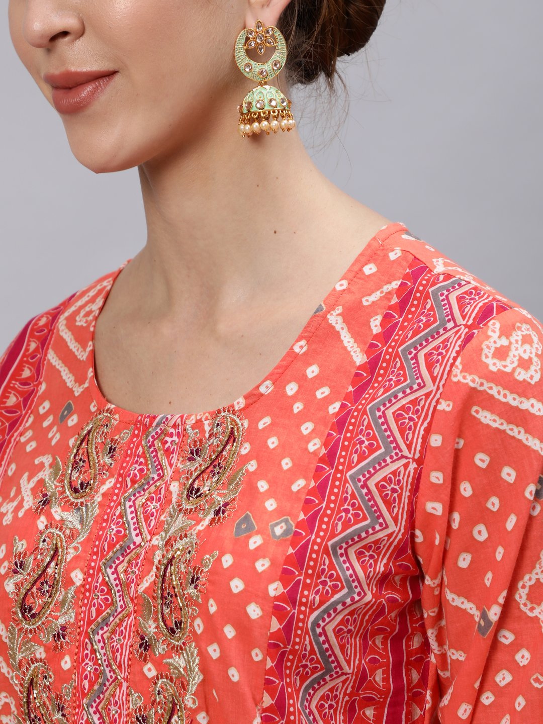 Ishin Women's Cotton Orange & Pink Embroidered A-Line Kurta Trouser Dupatta Set