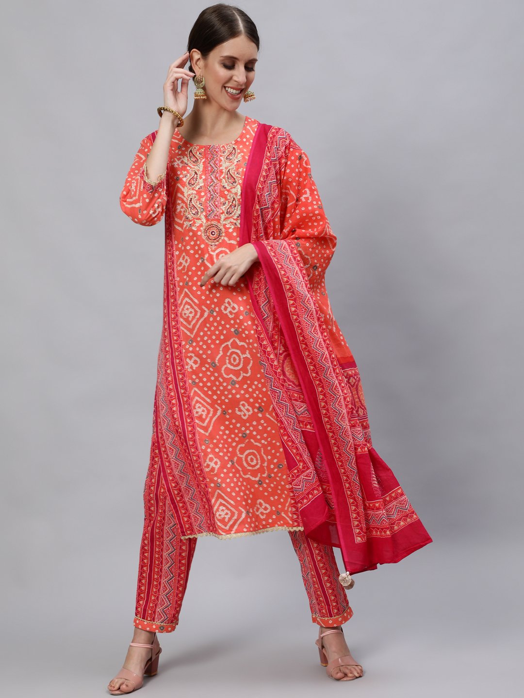 Ishin Women's Cotton Orange & Pink Embroidered A-Line Kurta Trouser Dupatta Set