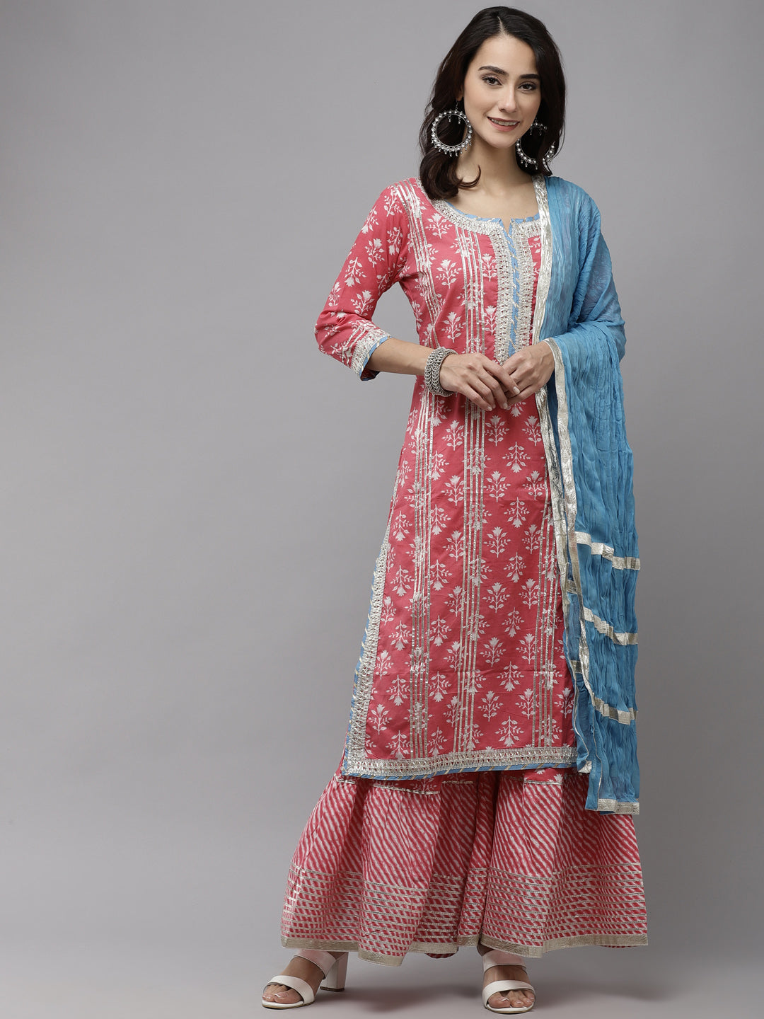 Ishin Women's Pink Gotta Patti Embroidered A-Line Kurta Sharara Dupatta Set 