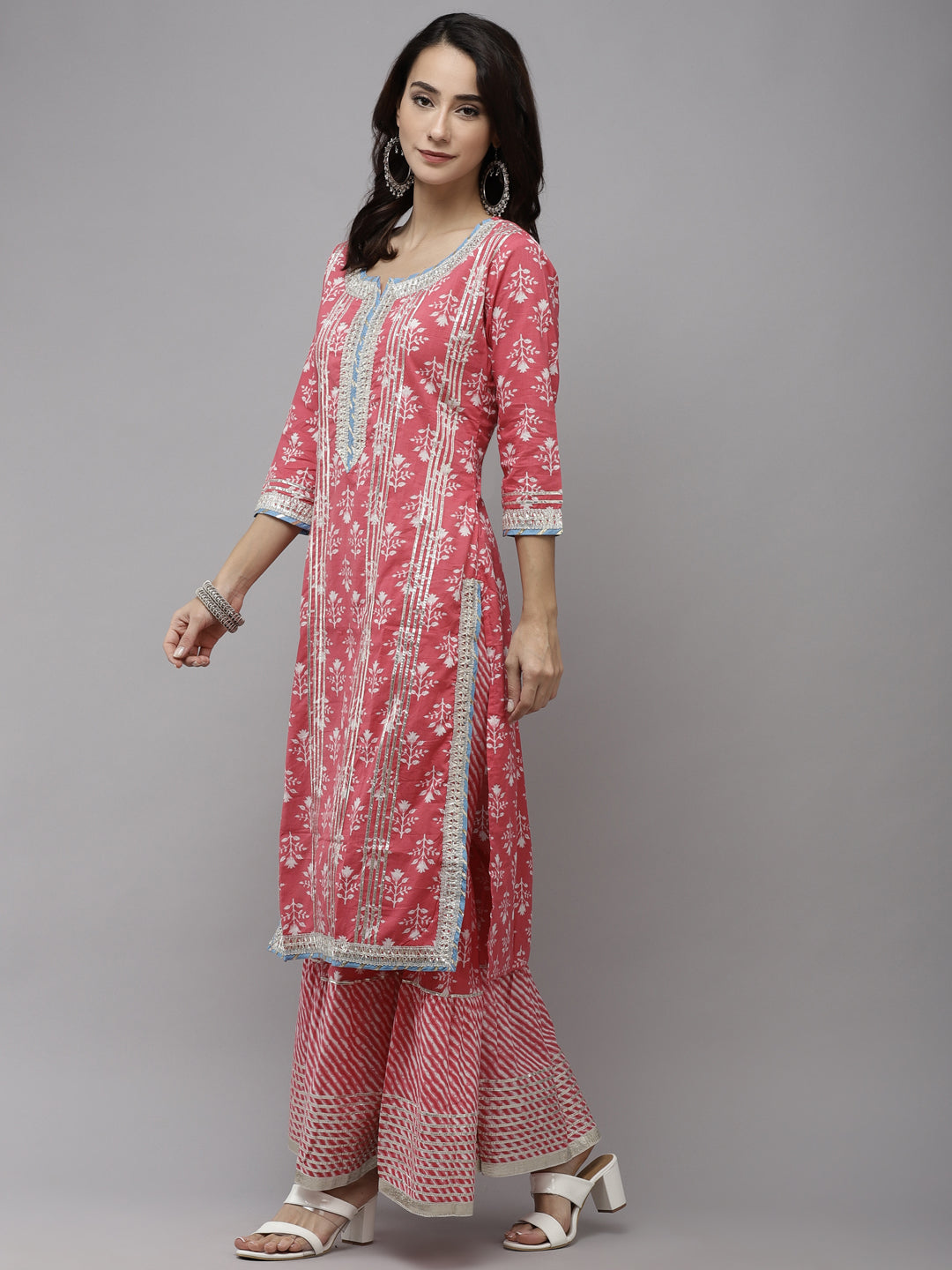 Ishin Women's Pink Gotta Patti Embroidered A-Line Kurta Sharara Dupatta Set