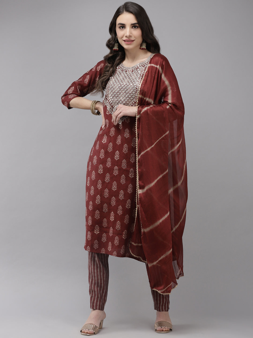 Ishin Women's Silk Blend Maroon Embroidered A-Line Kurta Trouser Dupatta Set