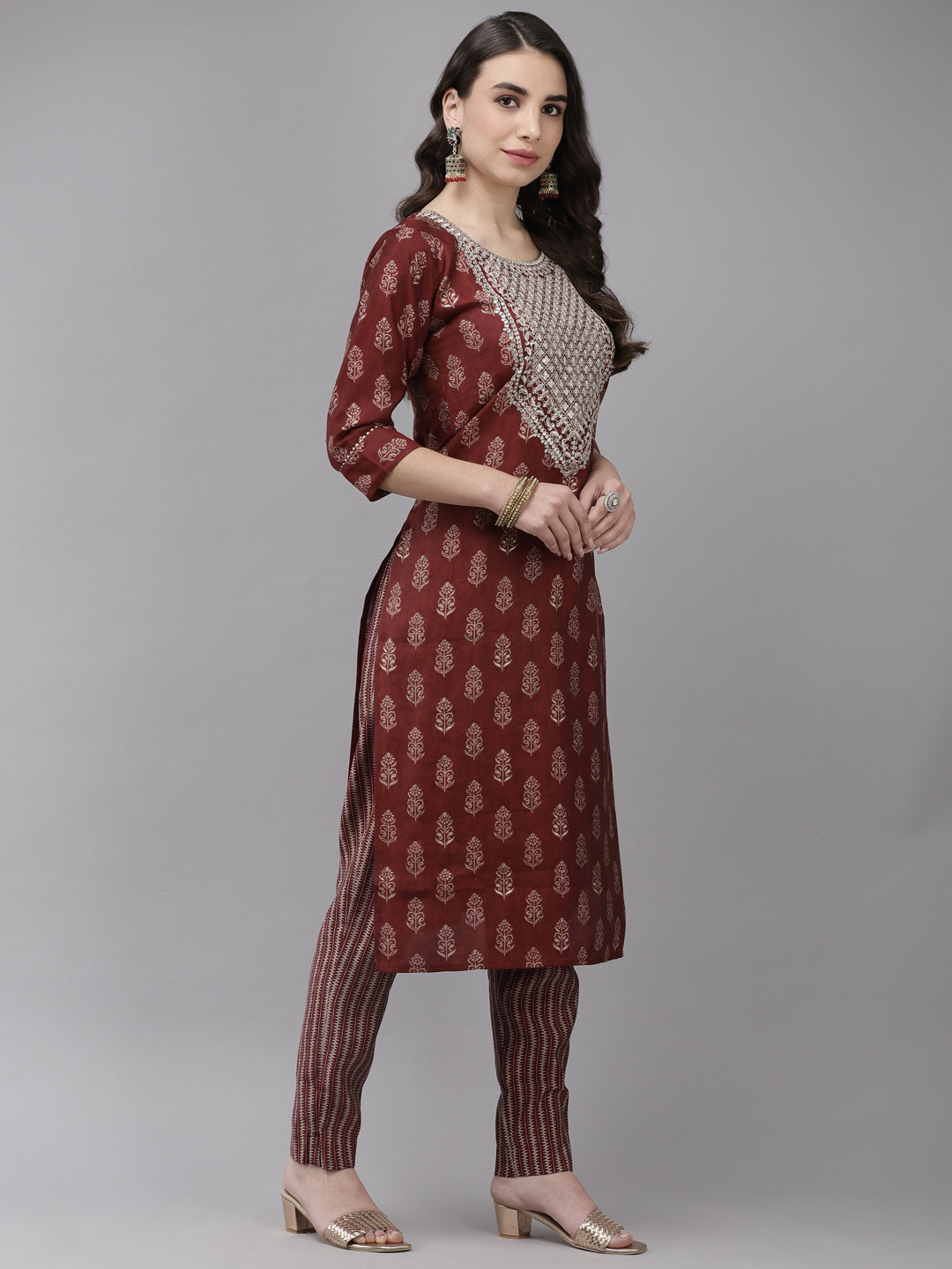Ishin Women's Silk Blend Maroon Embroidered A-Line Kurta Trouser Dupatta Set
