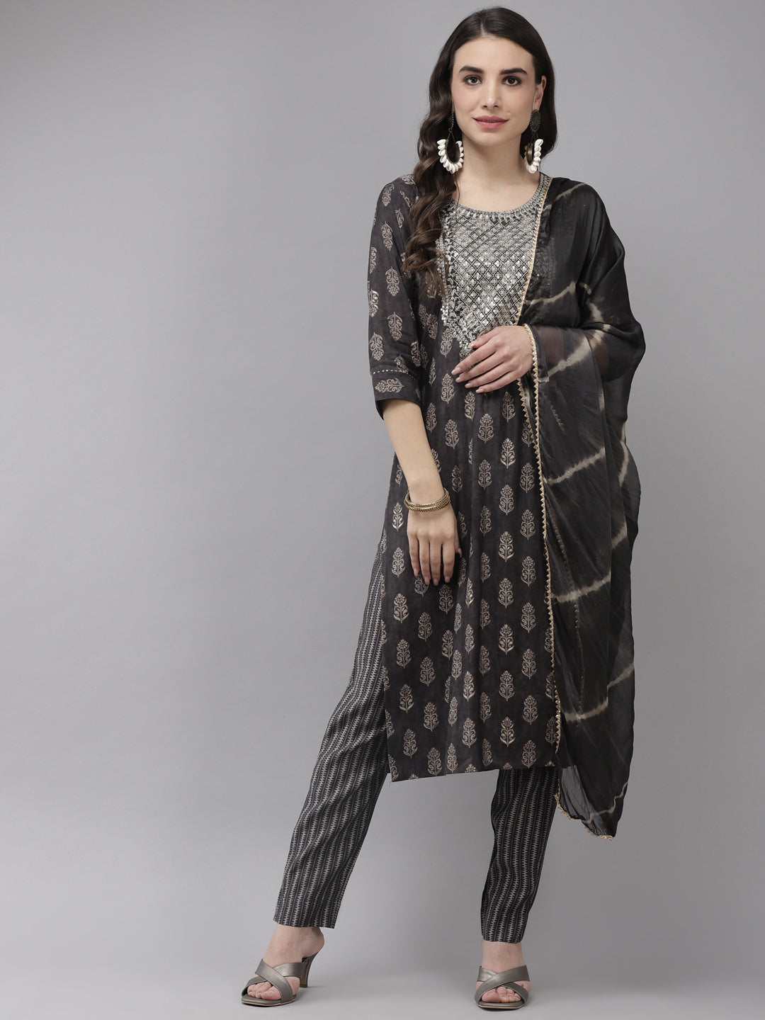 Ishin Women's Silk Blend Grey Embroidered A-Line Kurta Trouser Dupatta Set