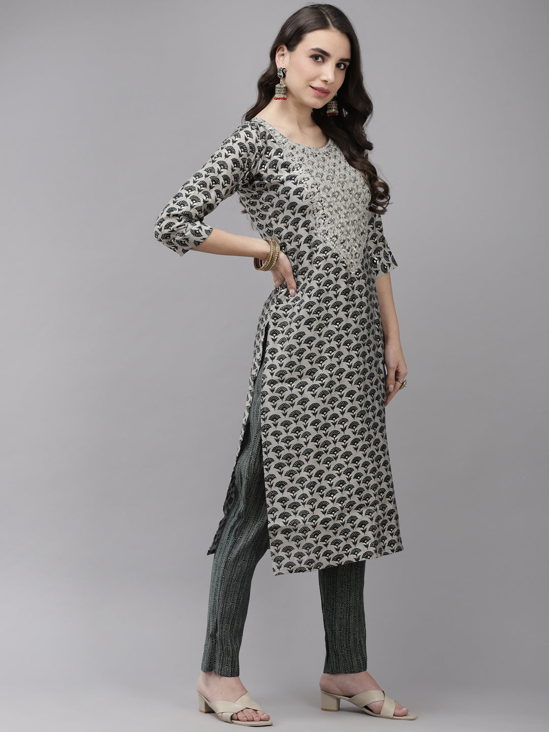 Ishin Women's Silk Blend Grey & Green Embroidered A-Line Kurta Trouser Dupatta Set