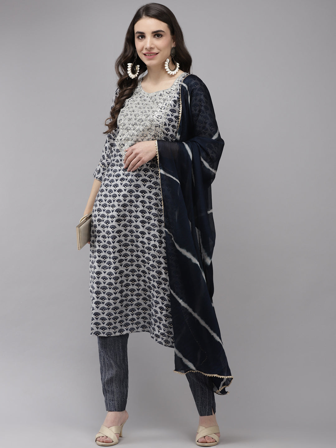 Ishin Women's Silk Blend Grey & Navy Blue Embroidered A-Line Kurta Trouser Dupatta Set