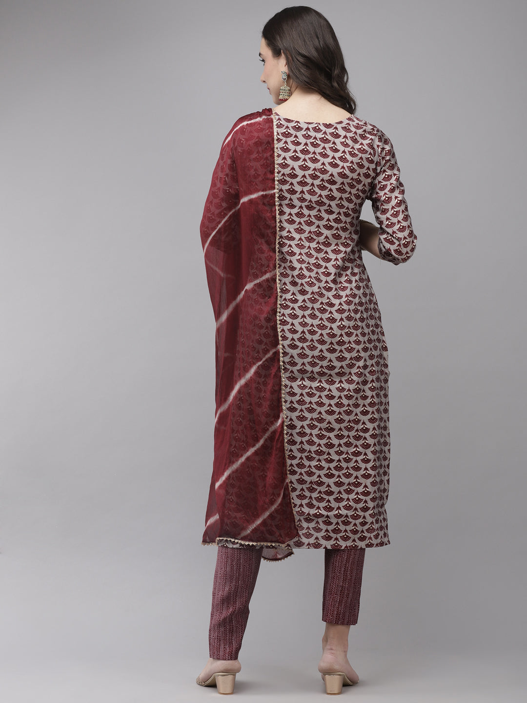 Ishin Women's Silk Blend Grey & Maroon Embroidered A-Line Kurta Trouser Dupatta Set