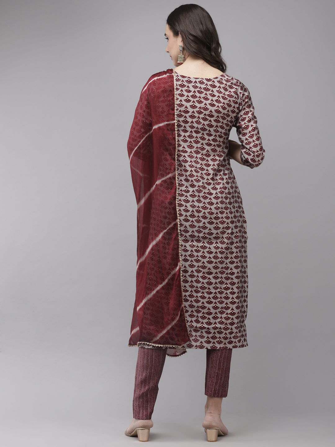 Ishin Women's Silk Blend Grey & Maroon Embroidered A-Line Kurta Trouser Dupatta Set