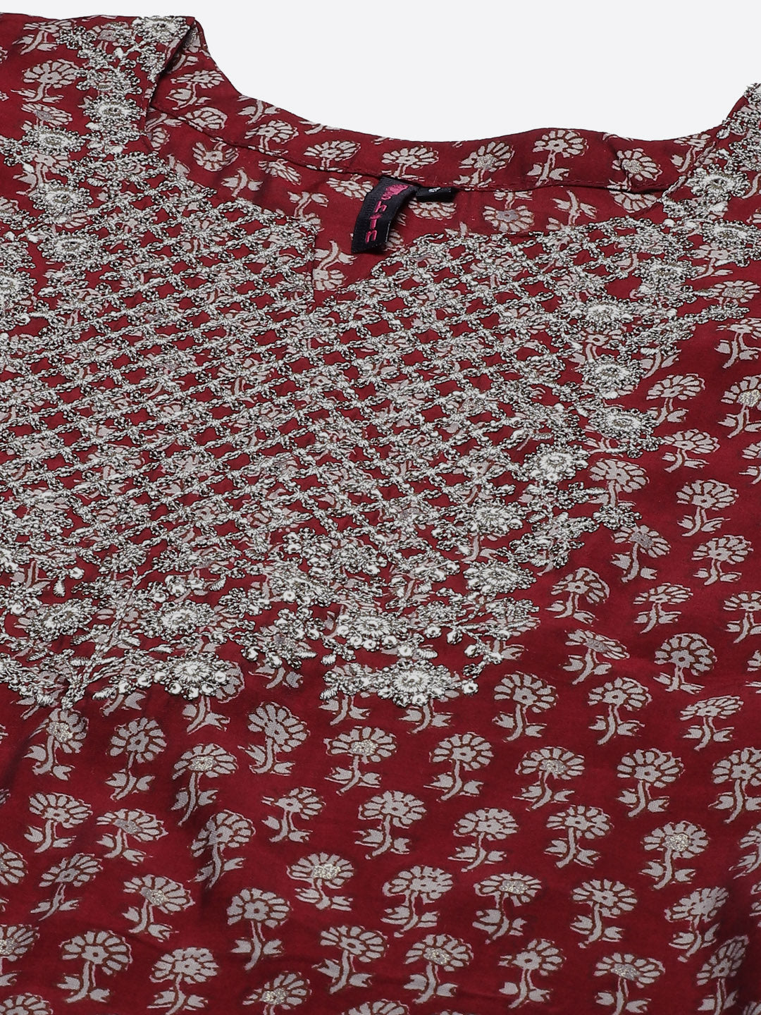 Ishin Women's Silk Blend Maroon Embroidered A-Line Kurta Trouser Dupatta Set