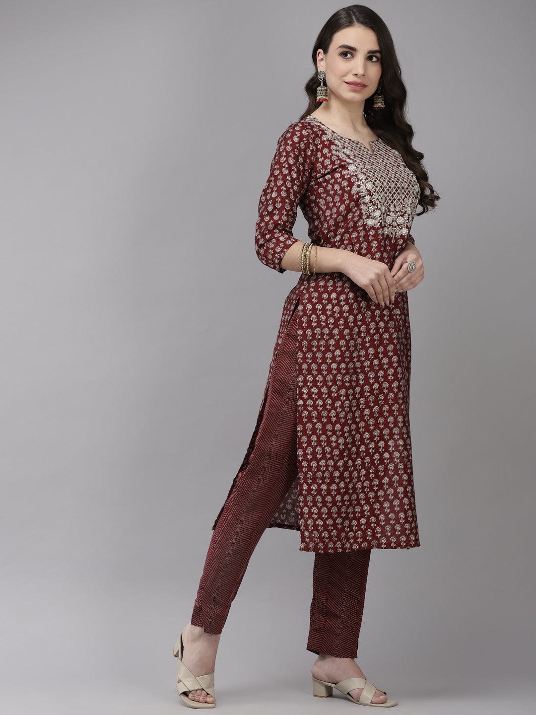 Ishin Women's Silk Blend Maroon Embroidered A-Line Kurta Trouser Dupatta Set