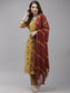 Ishin Women's Silk Blend Mustard Embroidered A-Line Kurta Trouser Dupatta Set