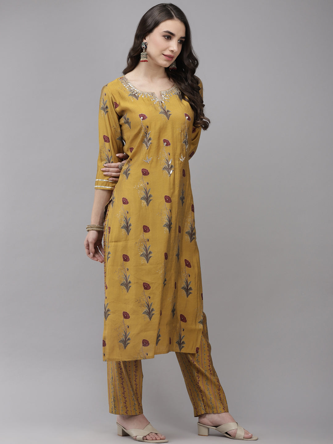 Ishin Women's Silk Blend Mustard Embroidered A-Line Kurta Trouser Dupatta Set