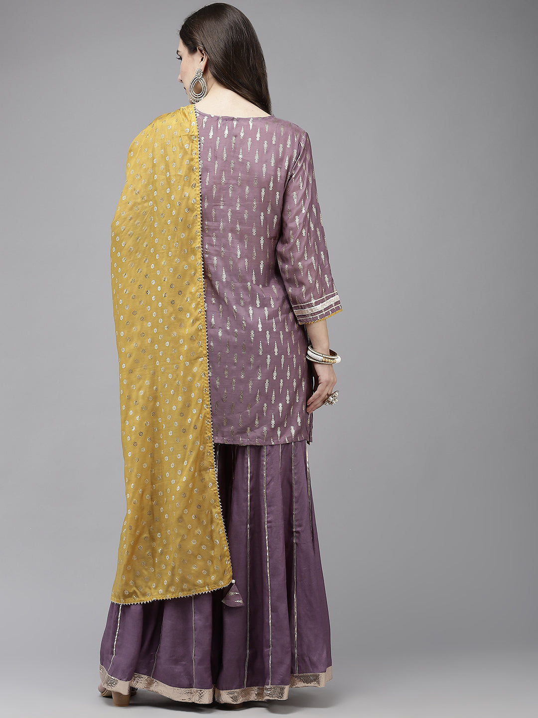 Ishin Women's Purple Foil Printed Kurta With Sharara & Dupatta