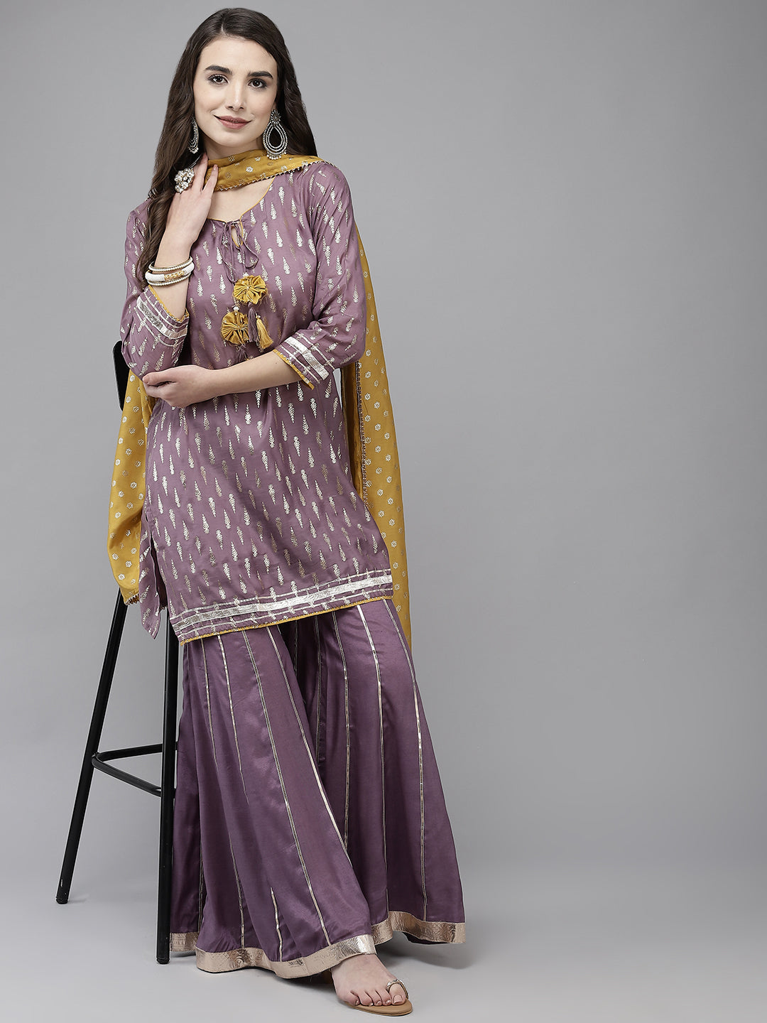 Ishin Women's Purple Foil Printed Kurta With Sharara & Dupatta