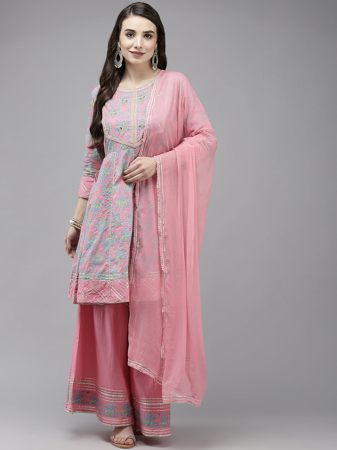Ishin Women's Cotton Blend Pink Embroidered Peplum Kurta Sharara Dupatta Set
