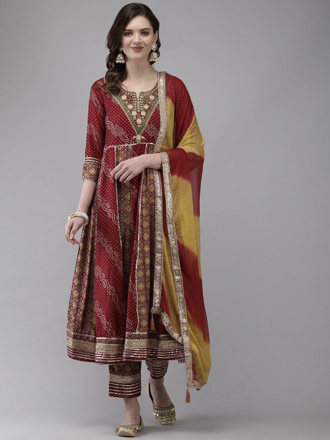 Ishin Women's Silk Blend Maroon Embroidered Anarkali Kurta With Trouser & Dupatta