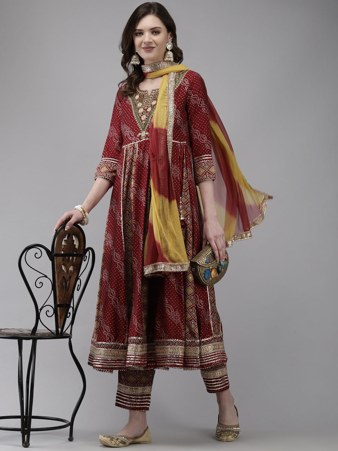 Ishin Women's Silk Blend Maroon Embroidered Anarkali Kurta With Trouser & Dupatta