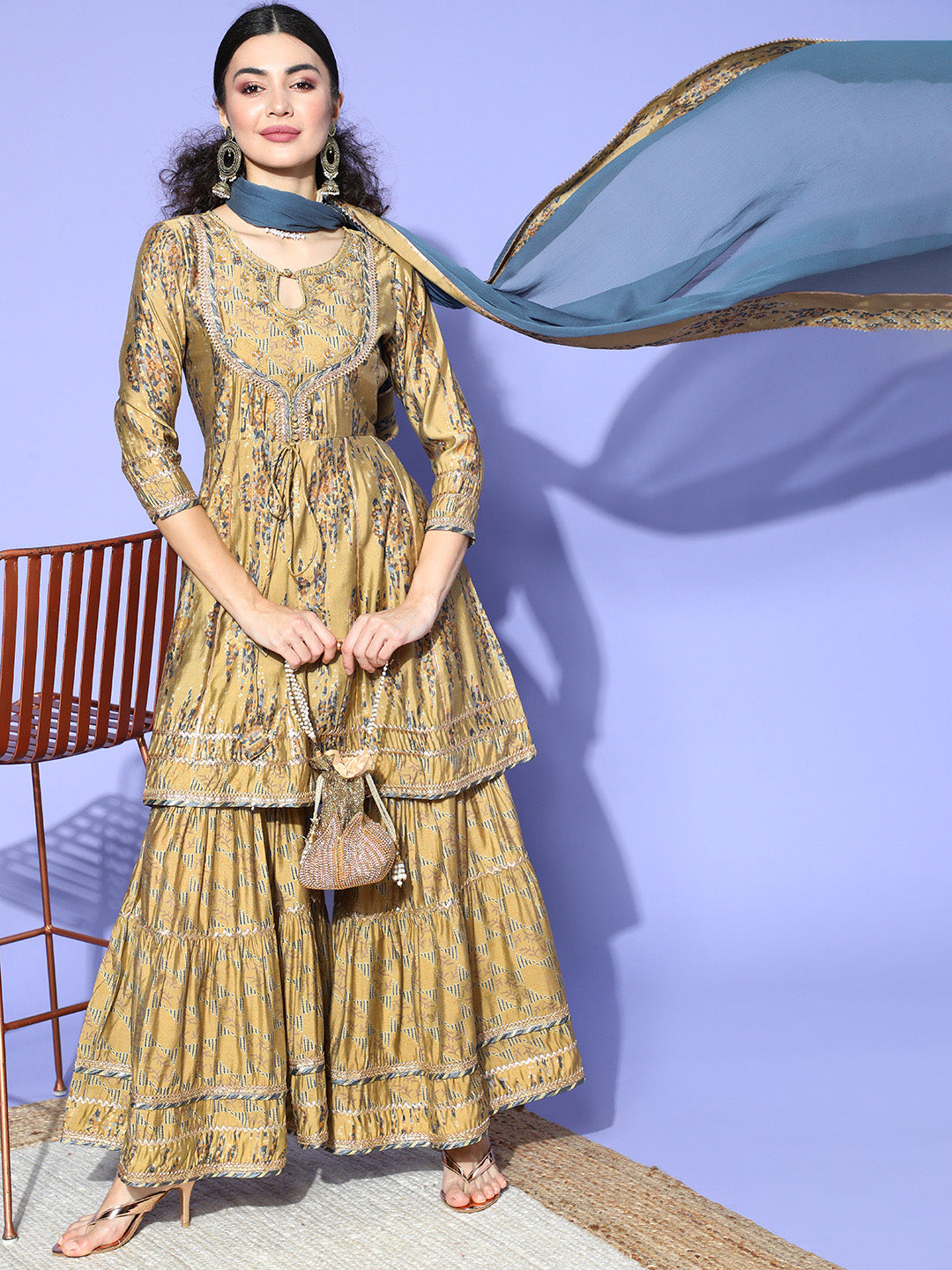 Ishin Women's Silk Blend Beige Embroidered Anarkali Kurta Sharara Dupatta Set