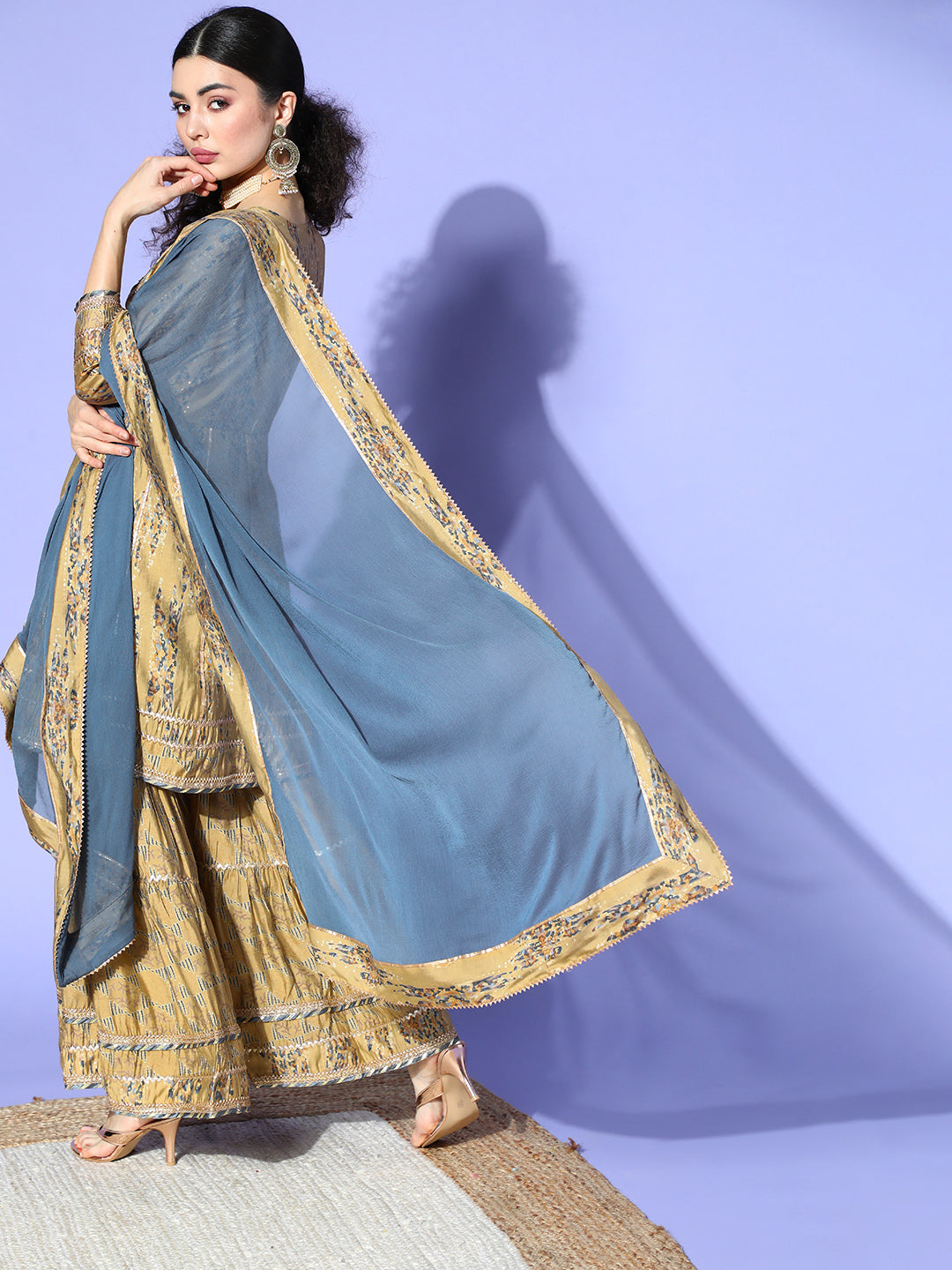 Ishin Women's Silk Blend Beige Embroidered Anarkali Kurta Sharara Dupatta Set