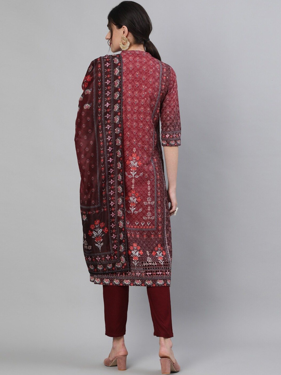 Ishin Women's Cotton Maroon Schiffli Embroidered A-line Kurta, Trouser And Dupatta Set
