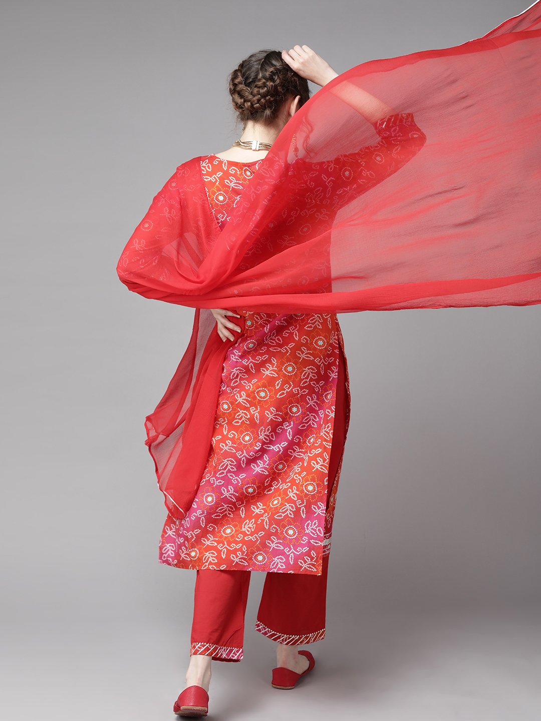 Ishin Women's Multicolor & Red Bandhani Zari Embroidered A-Line Kurta Palazzo Dupatta Set