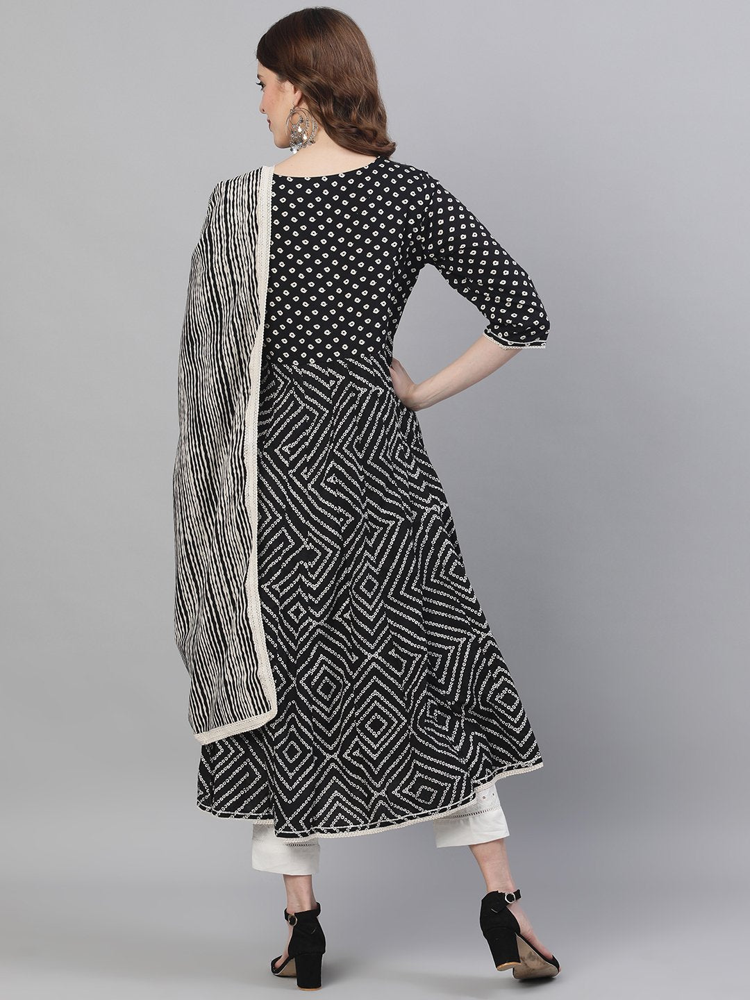Ishin Women's Cotton Black & White Bandhani Embroidered Anarkali Kurta Trouser Dupatta Set