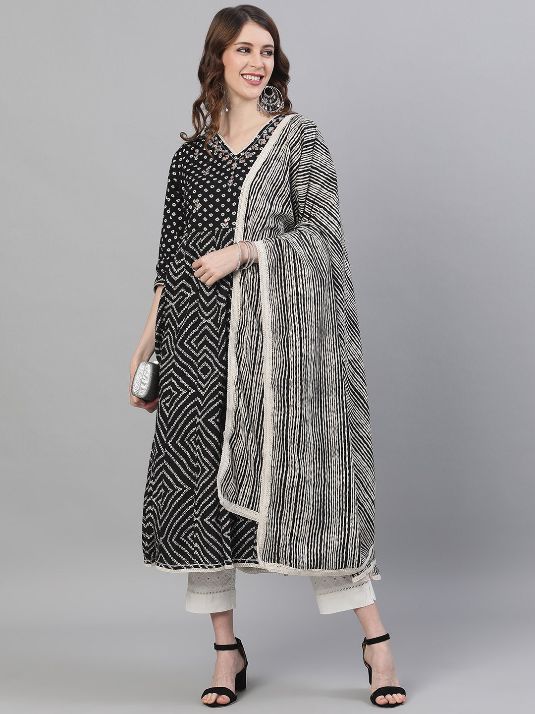 Ishin Women's Cotton Black & White Bandhani Embroidered Anarkali Kurta Trouser Dupatta Set