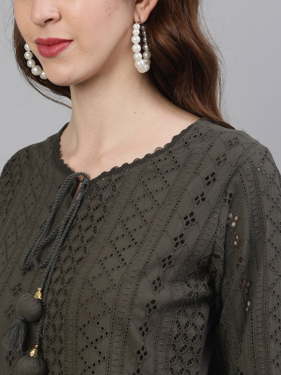 Ishin Women's Cotton Olive schiffli Embroidered A-Line Kurta Trouser Dupatta Set