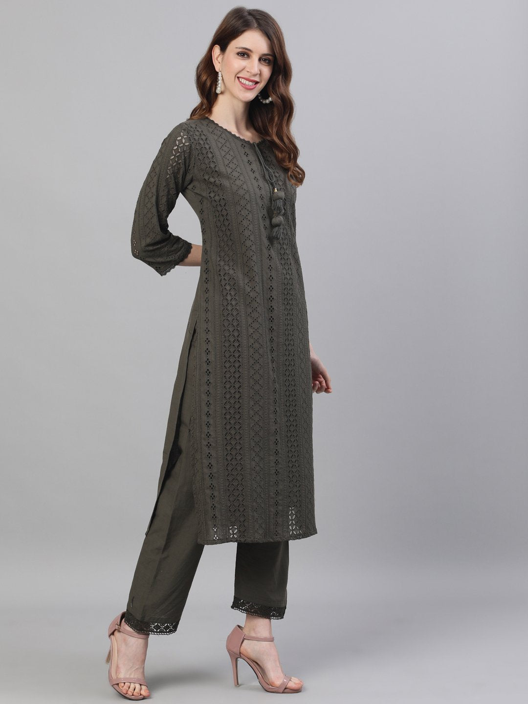 Comfy Cotton Schiffli Green Straight Kurta Set With Straight Bottom And Cotton Soft Dupatta