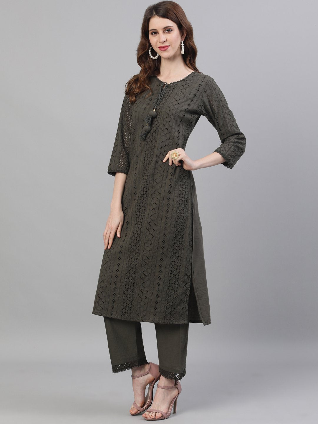 Comfy Cotton Schiffli Green Straight Kurta Set With Straight Bottom And Cotton Soft Dupatta