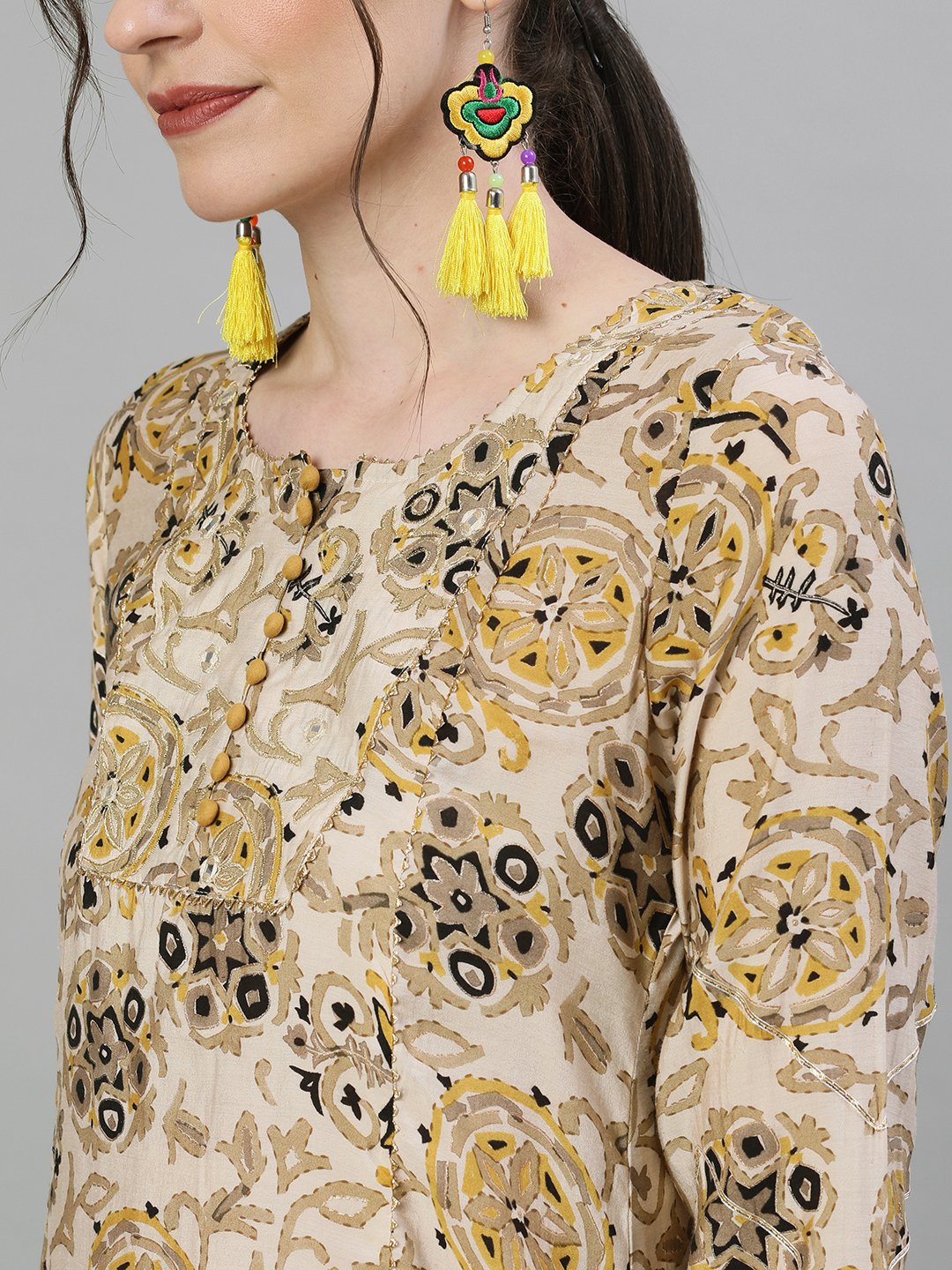 Ishin Women's Rayon Off White & Mustard Zari Embellished A-Line Kurta Sharara Dupatta Set