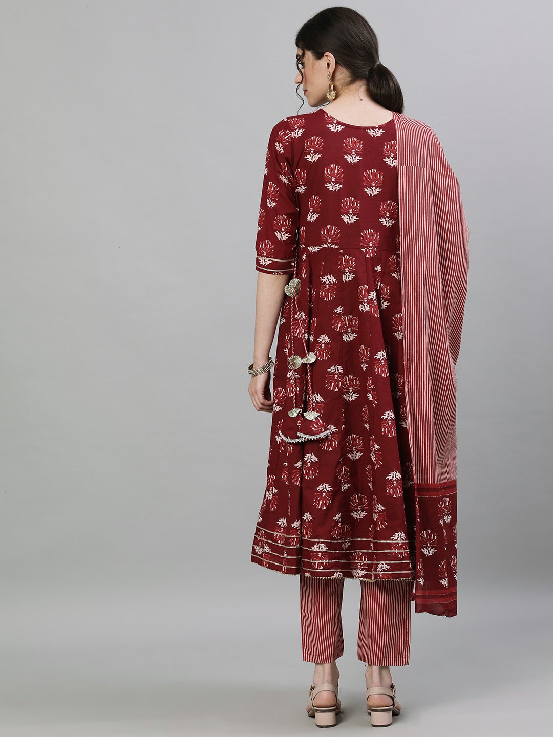 Ishin Women's Cotton Maroon Jewel Neck Embellished Anarkali Kurta Trouser Dupatta Set