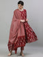 Ishin Women's Cotton Maroon Jewel Neck Embellished Anarkali Kurta Trouser Dupatta Set