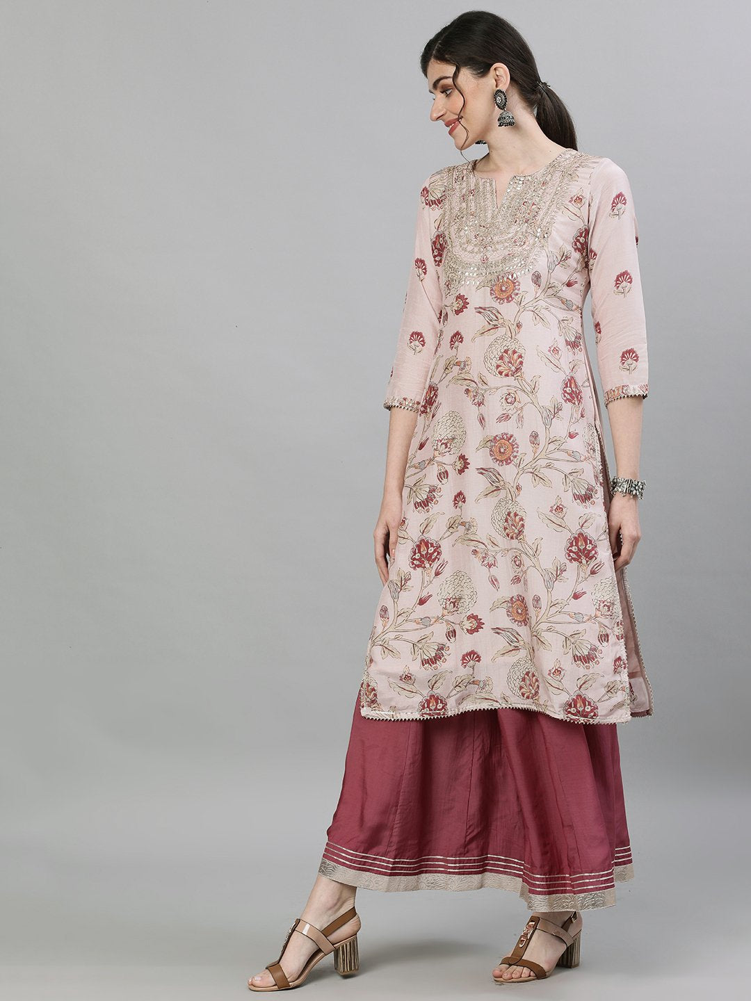 Ishin Women's Silk Pink & Mauve Embellished Straight Kurta Sharara Dupatta Set