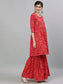 Ishin Women's Cotton Red Jewel Neck Bandhani Embellished Peplum Kurta Sharara Dupatta Set