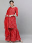 Ishin Women's Cotton Red Jewel Neck Bandhani Embellished Peplum Kurta Sharara Dupatta Set