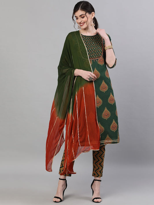 Ishin Women's Cotton Green Embellished Straight Kurta Trouser Dupatta Set