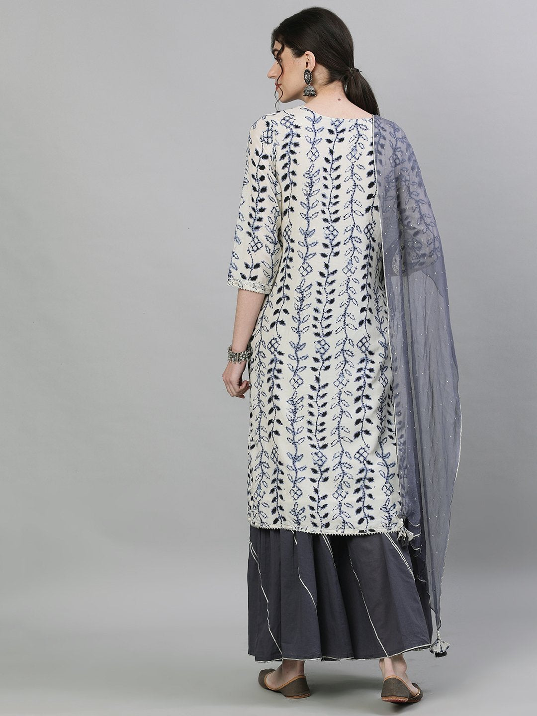 Ishin Women's Rayon Off White & Blue Embellished Straight Kurta Sharara Dupatta Set