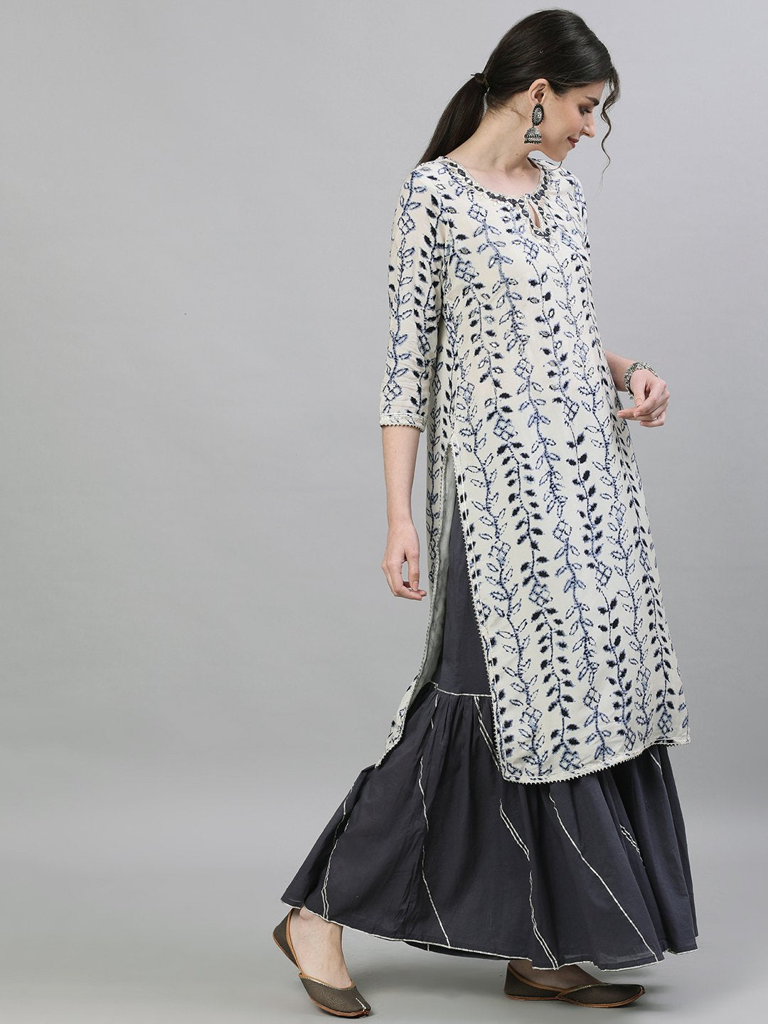 Ishin Women's Rayon Off White & Blue Embellished Straight Kurta Sharara Dupatta Set