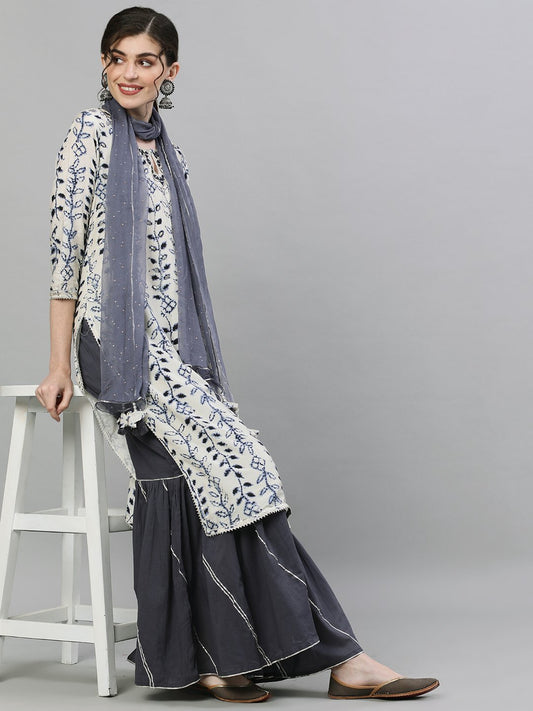 Ishin Women's Rayon Off White & Blue Embellished Straight Kurta Sharara Dupatta Set