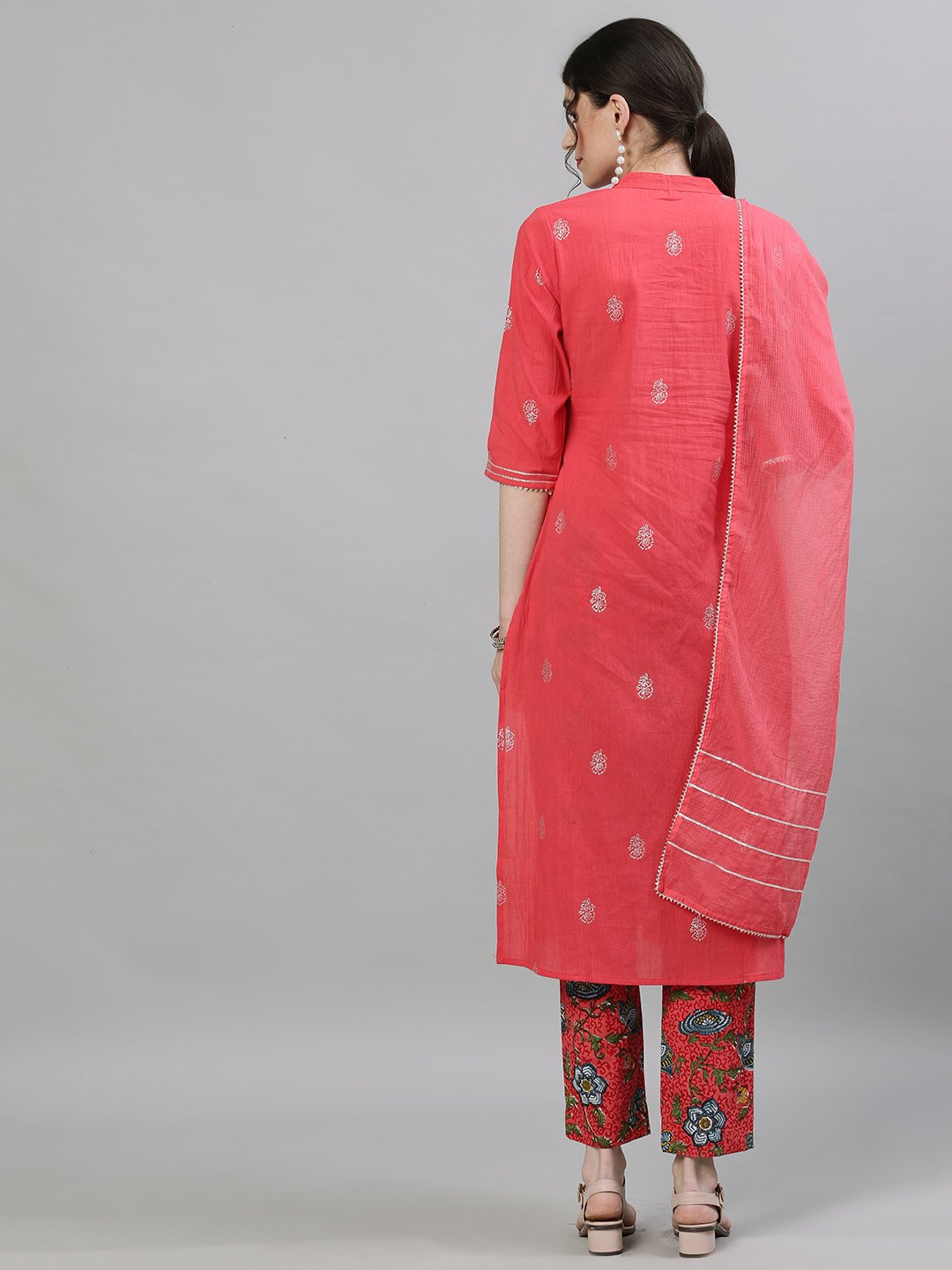 Ishin Women's Cotton Pink Embellished Straight Kurta Trouser Dupatta Set