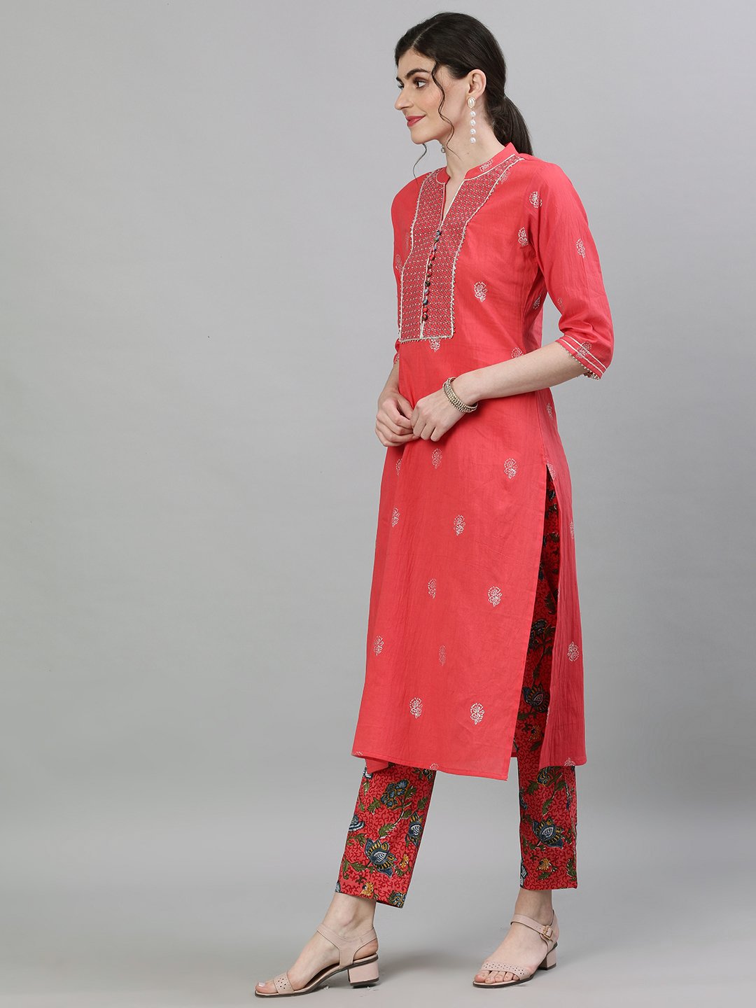 Ishin Women's Cotton Pink Embellished Straight Kurta Trouser Dupatta Set